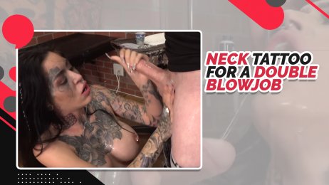 Neck tattoo for a double blowjob